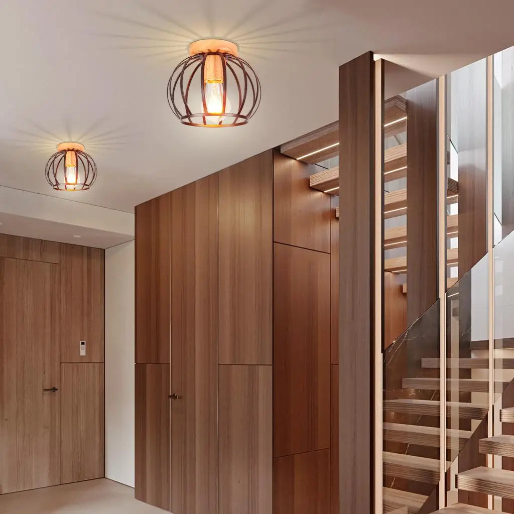 Plafonnier industriel noir et bois – Image 3