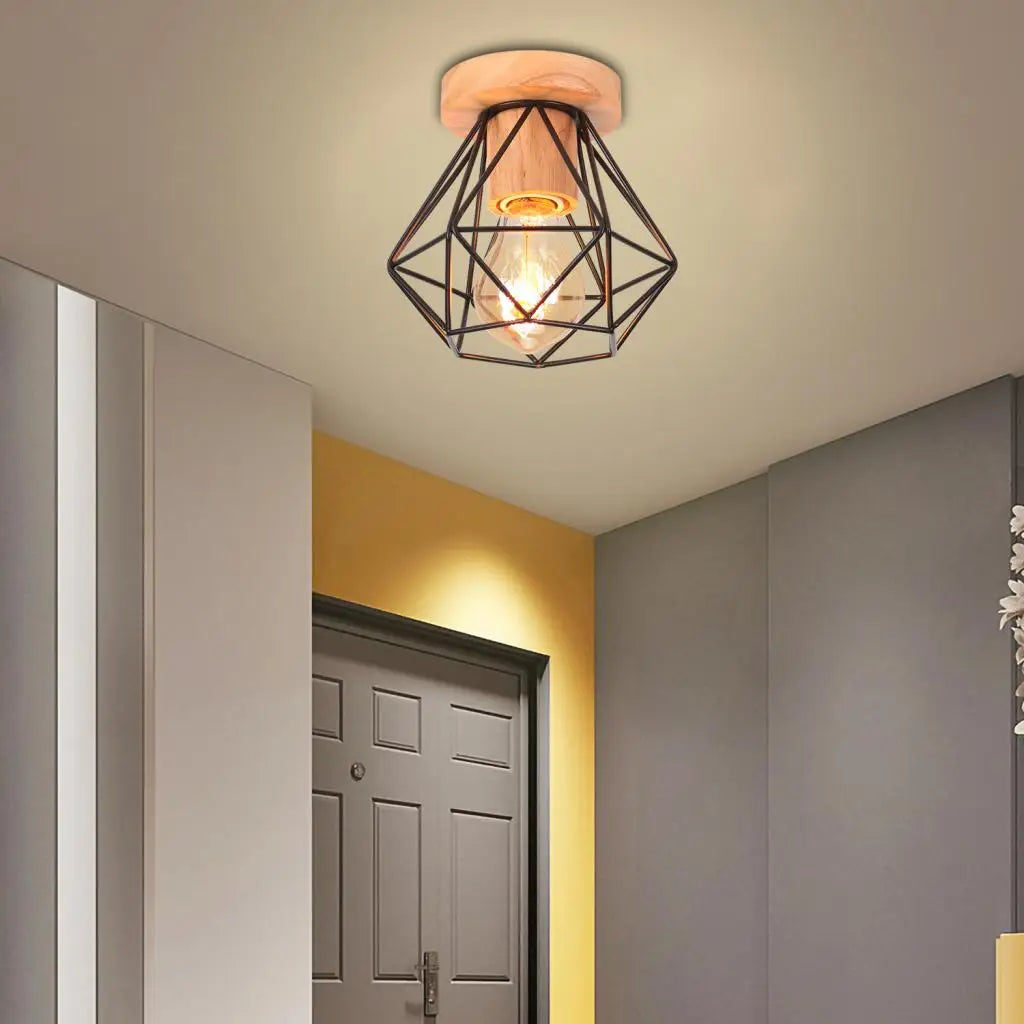 Plafonnier industriel noir et bois